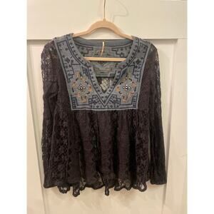 Free People Bohemian Embroidered Lace Hi-Low Peasant Top, XS